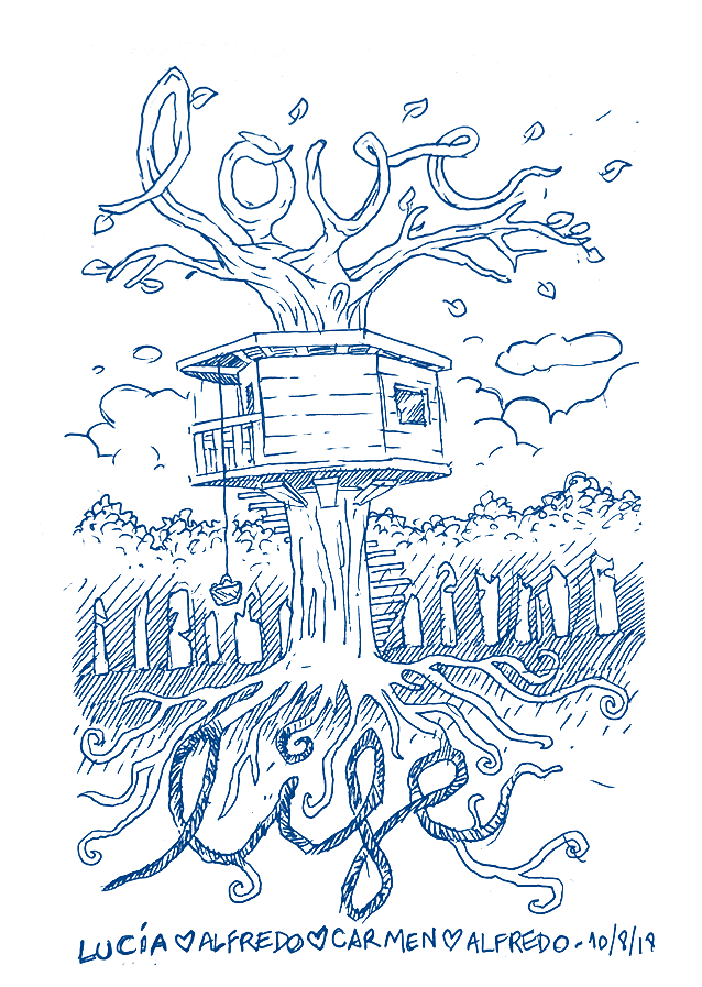 Dibuix que representa la experiència d'una família dormint d'alt dels arbres a una cabanya a Catalunya